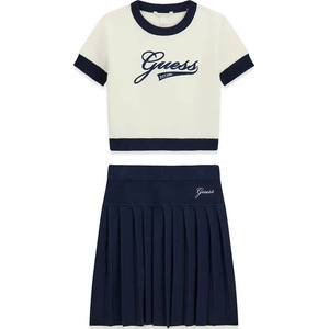 Guess Детски плетен комплект от две части Guess - Екрю и тъмносиня плисирана пола