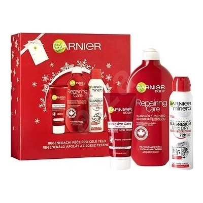 Garnier Repairing Care telové mlieko 400 ml + regeneračný krém na ruky 100 ml + Magnesium ultra dry deodorant 150 ml darčeková sada