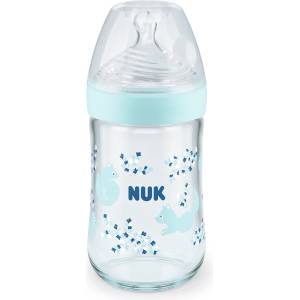 Nuk Стъклено шише със силиконов биберон NUK - Nature Sense, Softer, TC, 240 ml, размер M, Синьо (10745117-Син)