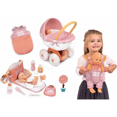 Smoby Set v dupačkách na prechádzke v hlbokomu Doll Baby Nurse a prebaľovacia taška s fľaškou a klokanka so spacím vakom