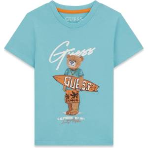 GUESS Тюркоазена тениска за мини момче с цветно мече отпред и бял надпис Guess
