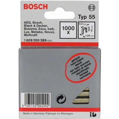 Narrow crown staple, type 55, resin-coated 6 x 1,08 x 19 mm 1000 ks Bosch Accessories 1609200389 Rozmery (d x š) 19 mm x 6 mm; 1609200389