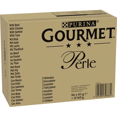 Gourmet 96x85г Gourmet Perle, консервирана храна за котки - пиле, говеждо, сьомга, риба тон