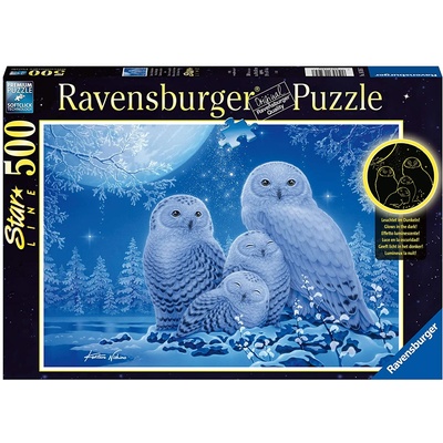 Ravensburger Светещ пъзел Ravensburger от 500 части - Сови на лунна светлина (12000479)
