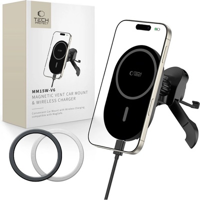 Tech-Protect Стойка за автомобил с MagSafe безжично зареждане 15W от Tech Protect MM15W-V6 - Черна (5906302361052)