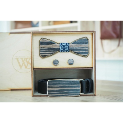 Wood Style Set Hranatý WS Modrotisk opasek motýlek a manžetové knoflíčky Hnědá Dub černý