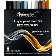 Artmagico Pro Smoke and Shine akrylové fixy černobílé a metalické odstíny 12 ks