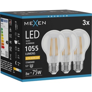 Mexen Vintis 3x LED филамент крушка E27, A60, 8W, Топла - 2200K, 1055 lm, прозрачна (L150-E27-0822-00x03)