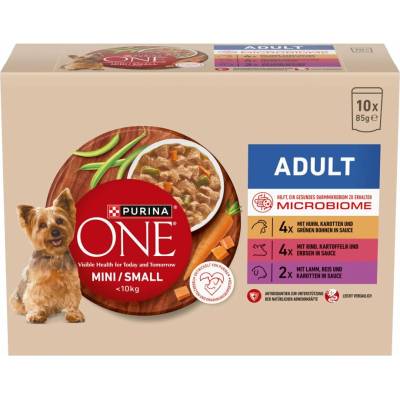 Purina One Dog Adult Mini/Small Sensitive s kuřetem hovězím jehněčím ve šťávě 10 x 85 g