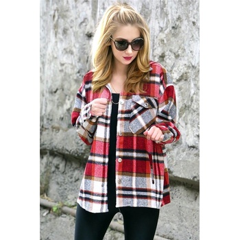 Madmext Дамска Oversize риза MG042 - Червено с кафяво 290157 (290157_Кафяво)