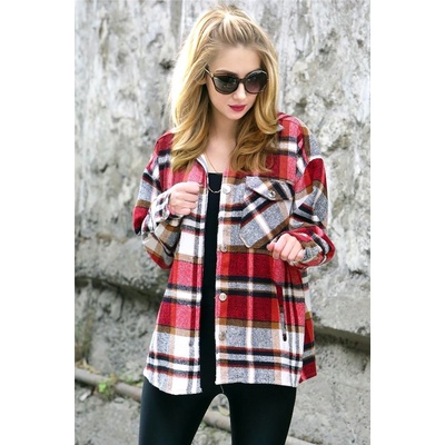 Madmext Дамска Oversize риза MG042 - Червено с кафяво 290157 (290157_Кафяво)