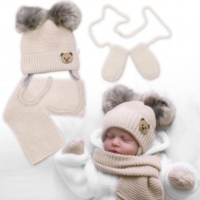 Baby Nellys Dětská sada zimní čepice s šálou rukavičky 3D Teddy Bear béžová – Zboží Mobilmania
