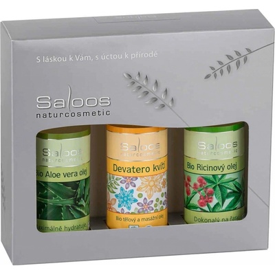 Saloos Bio Body and Massage Oils ricínový olej 50 ml + hydratačný olej s aloe vera 50 ml + telový a masážny olej devätoro bylín 50 ml darčeková sada