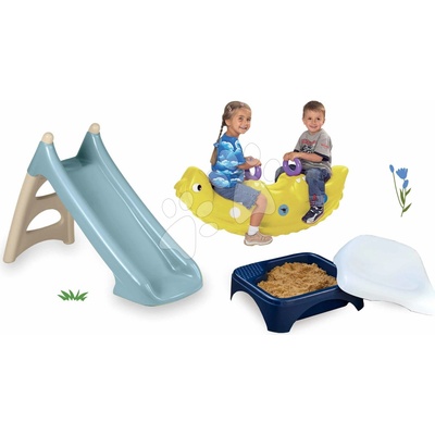 Smoby Set šmykľavka s vodnou hrou a pieskovisko so sedadlom XS Slide Blue Life dĺžka šmyku 90 cm a obojstranná hojdačka Dino
