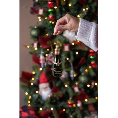Clayre & Eef Zelená vánoční skleněná ozdoba láhev šampaňské Champagne Ø 4*12 cm