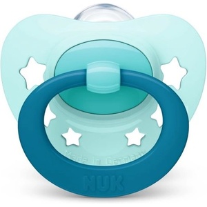 Nuk Силиконова залъгалка NUK - Signature, Синя с кутия за стерилизиране, 0-6 m (10730618_blue)
