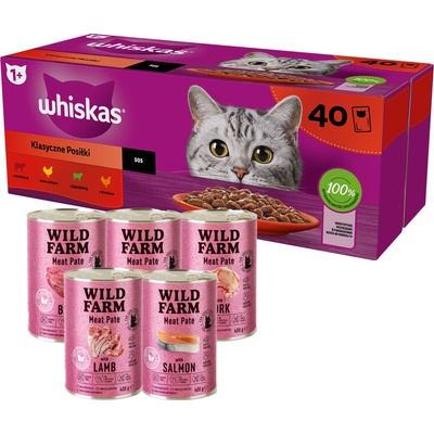 Whiskas Klasické pokrmy kuře hovězí jehně drůbež ve šťávě 40 x 85 g + WILD FARM Pate 5 x 400 g MIX