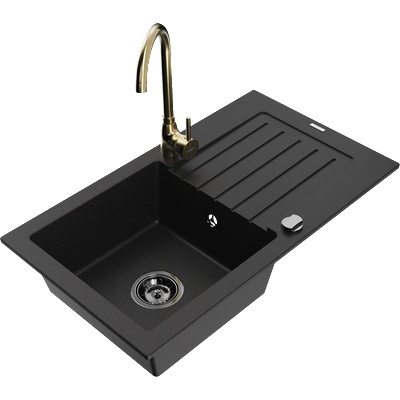 Mexen Pablo гранитна мивка за кухня с 1 камера и оттичаща повърхност и кухненски смесител Telma, черен - 6510-77-670200-50-B (6510-77-670200-50-B)
