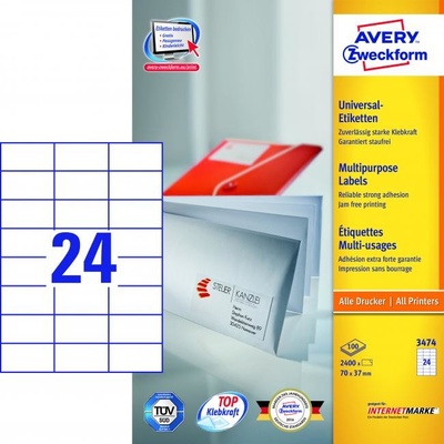 Avery-Zweckform 3474 70 x 37 mm papier biela 2400 ks trvalé univerzálne etikety atrament, laser, kópie; 3474