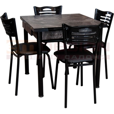 Трапезен комплект Нилс, маса + 4 стола, черен и черен мрамор