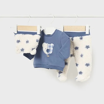 Mayoral Комплект плюшени ританки, синя блуза с мече и мека шапка за новородено момче Майорал