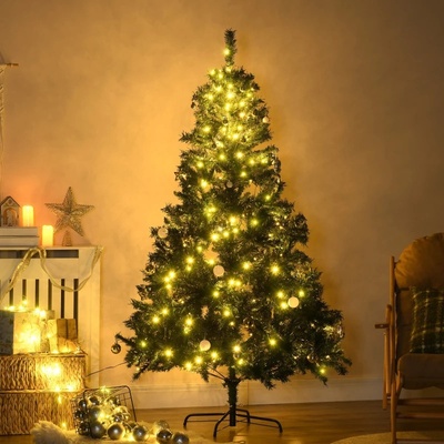 HOMCOM Umělý vánoční stromek s ozdobami a LED osvětlením Ø112 x 180 cm | zelený