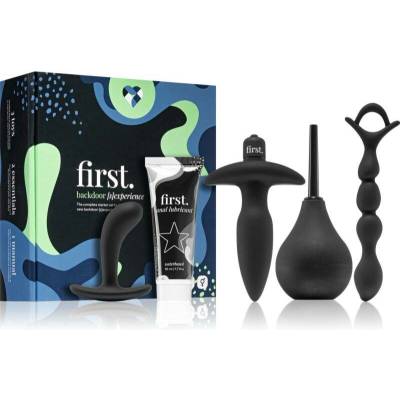 LoveBoxxx First Backdoor SExperience Starter anální kolík 7,5 cm + anální kolík vibrační 13,3 cm + anální sprcha 13,5 cm + lubrikační gel 50 ml + anální korále 16,8 cm