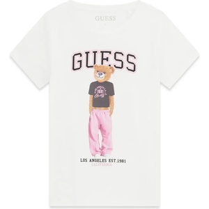 GUESS Бяла тениска за момиче с цветно мече и черен надпис Guess