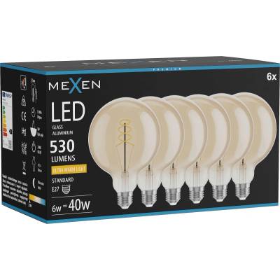 Mexen Vintis 6x LED крушка спирала филмент E27, G125, 6W, Топла - 2200K, 530 lm, кехлибар (L168-E27-0622-50x06)