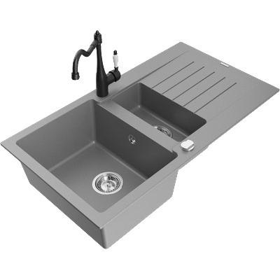 Mexen Matias гранитна мивка с 1, 5 камера и отцедник и кухненски смесител Carla, сив - 6502-71-670700-70 (6502-71-670700-70)