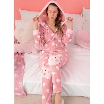 Пижама-гащеризон в розово със сърца, кръгчета и зайчета