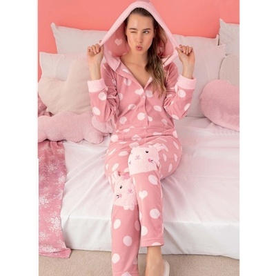 Пижама-гащеризон в розово със сърца, кръгчета и зайчета