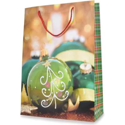 VEYRA Vianočná darčeková taška XL so zelenými guľami a sviečkami 30 × 12 × 41 cm