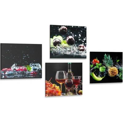 Set obrazů víno a kousky ovoce na černém pozadí - 4x 40x40