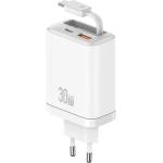 USAMS CC296 мрежово зарядно устройство с USB+Type-C изход, 30 W, PD бързо зареждане + вграден Type-C кабел, БЯЛО (CC296TC02)