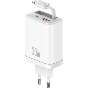 USAMS CC296 мрежово зарядно устройство с USB+Type-C изход, 30 W, PD бързо зареждане + вграден Type-C кабел, БЯЛО (CC296TC02)