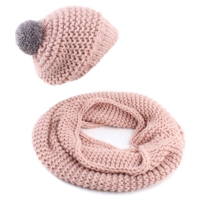 Дамски комплект плетен кръгъл шал и шапка Raffaello Bettini RB SC 014/2622E&011/1320, Розов