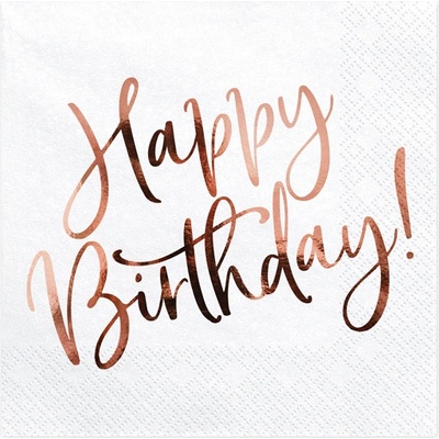 PartyDeco.pl Ubrousky Happy Birthday růžovo zlaté 33x33cm 20ks