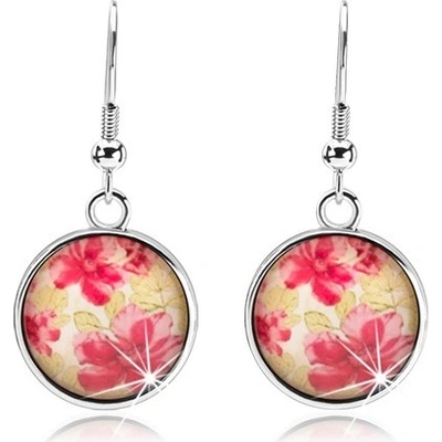 Šperky eshop kruhové ve stylu kabošon vypouklé sklo červené květy listy SP73.01 zelené