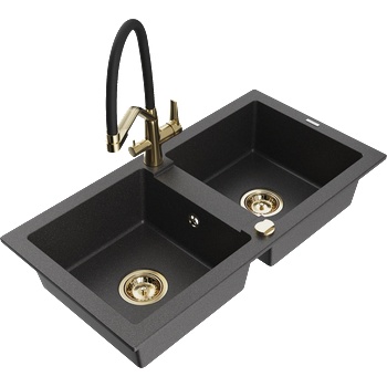 Mexen Mario гранитна кухненска мивка с 2 корита и кухненска батерия Duo, черно с пръски - 6504-76-671701-57-G (6504-76-671701-57-G)