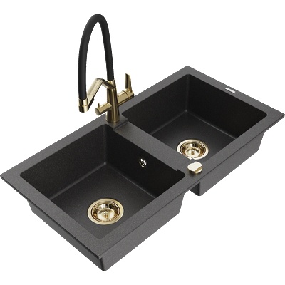 Mexen Mario гранитна кухненска мивка с 2 корита и кухненска батерия Duo, черно с пръски - 6504-76-671701-57-G (6504-76-671701-57-G)