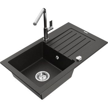 Mexen Pablo гранитна кухненска мивка с 1 отделение и плот и кухненски смесител Flora, черен/златист металик - 6510-75-670401-00 (6510-75-670401-00)