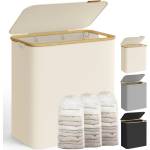 SONGMICS Laundry Basket with Lid, Laundry Hamper with 3 Compartments, 150L, Removable Laundry Bag, Oxford Fabric, Bamboo Handles, Foldable, 60 x 38.5 x 70.5 cm, Cream White LCB515W01 - PCT611W01 (PCT611W01)