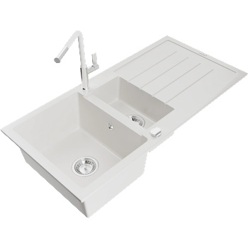 Mexen Andres гранитна мивка 1, 5-камерна с отцедник и кухненски смесител Flora, бял - 6515-20-670401-02 (6515-20-670401-02)