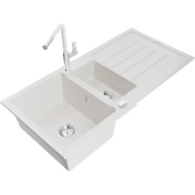 Mexen Andres гранитна мивка 1, 5-камерна с отцедник и кухненски смесител Flora, бял - 6515-20-670401-02 (6515-20-670401-02)