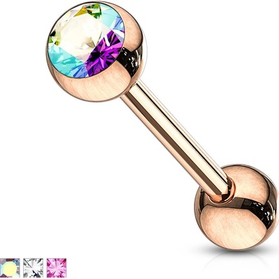 Šperky eshop piercing z oceli do jazyka rovná činka třpytivý kulatý zirkon PVD úprava W30.31 Duhová – Zboží Mobilmania