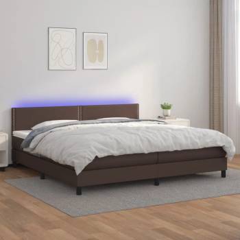 vidaXL Боксспринг легло с матрак LED кафяво 200x200 см изкуствена кожа (3134186)