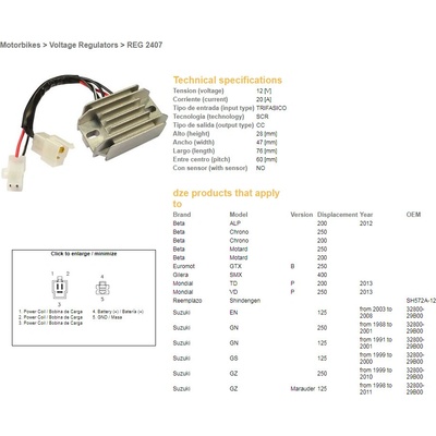 DZE regulátor napětí SUZUKI GN 125 91-01; GN 250 88-01; GS 125 99-00; EN 125 03-08; BETA (ESR142) (32800-29B00)