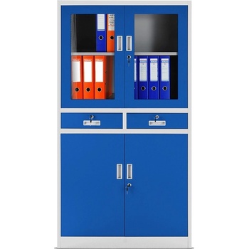 JAN NOWAK Plechová skříň s vitrínou a zásuvkami model EDMUND šedo-modrá H1-6NZ0-R45H