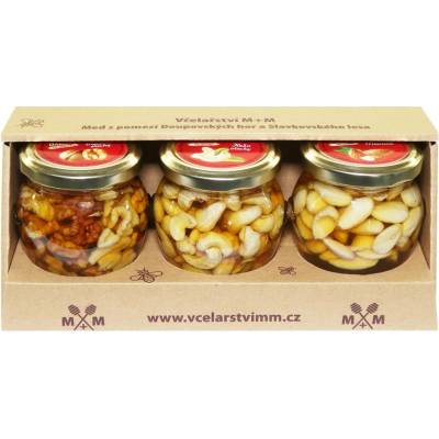 Včelařství M+M balíček ořechů v medu vlašské, kešu, mandle 3 x 250 g